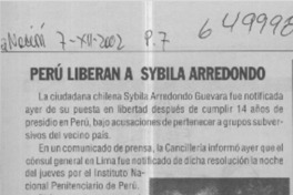 Perú liberan a Sybila Arredondo  [artículo]