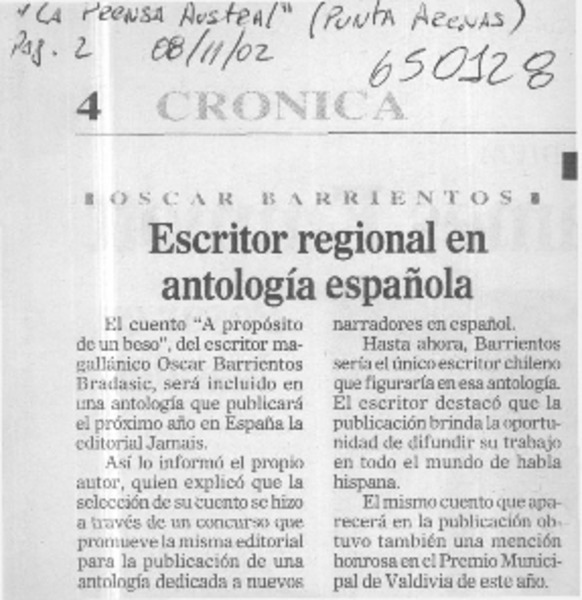 Escritor regional en antología española  [artículo]