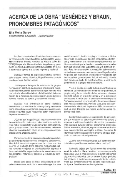 Acerca de la obra "Menéndez y Braun, prohombres patagónicos"  [artículo] Elia Mella Garay