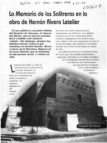 La memoria de las salitreras en la obra de Hernán Rivera Letelier  [artículo]
