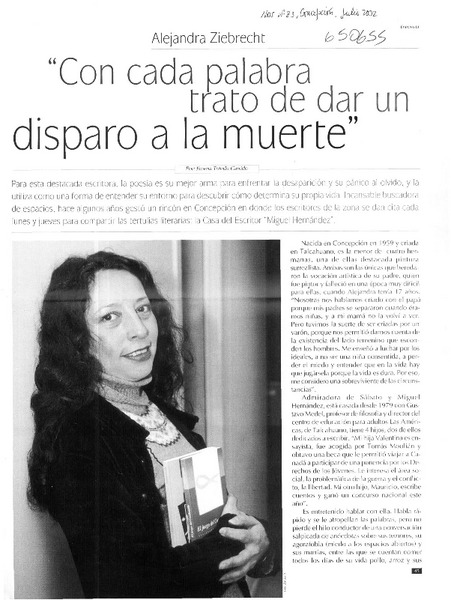 "Con cada palabra trato de dar un disparo a la muerte"  [artículo] Jimena Toledo Garrido