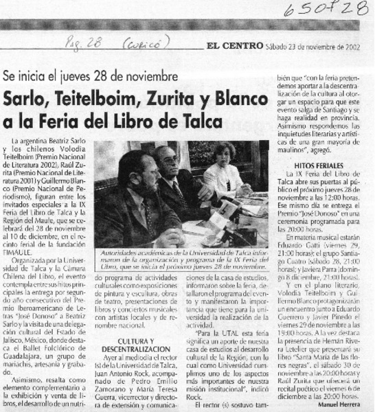 Sarlo, Teitelboim, Zurita y Blanco a la Feria del Libro de Talca  [artículo] Manuel Herrera