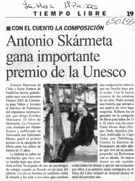 Antonio Skármeta gana importante premio de la Unesco  [artículo]