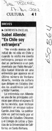 Isabel Allende, "en Chile soy extranjera"  [artículo]