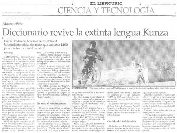 Diccionario revive la extinta lengua Kunza  [artículo] Mario Rojas