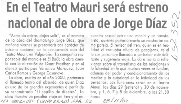En el Teatro Mauri será estreno nacional de obra de Jorge Díaz  [artículo]