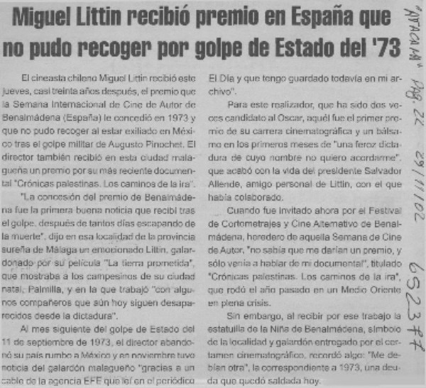 Miguel Littin recibió premio en España que no pudo recoger por golpe de Estado del '73  [artículo]