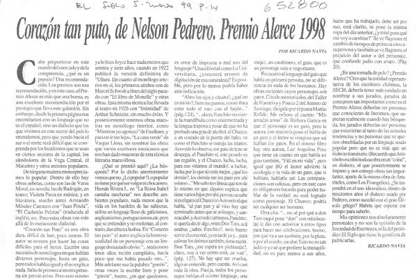 Corazón tan puto, de Nelson Pedrero, Premio Alerce 1998  [artículo] Ricardo Navia
