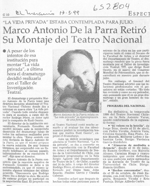 Marco Antonio de la Parra retiró su montaje del teatro nacional  [artículo]