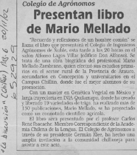 Presentan libro de Mario Mellado  [artículo]
