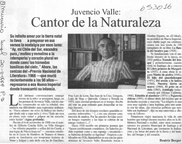 Cantor de la naturaleza  [artículo] Beatriz Berger
