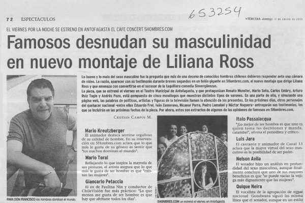 Famosos desnudan su masculinidad en nuevo montaje de Liliana Ross  [artículo] Cristian Campos M.