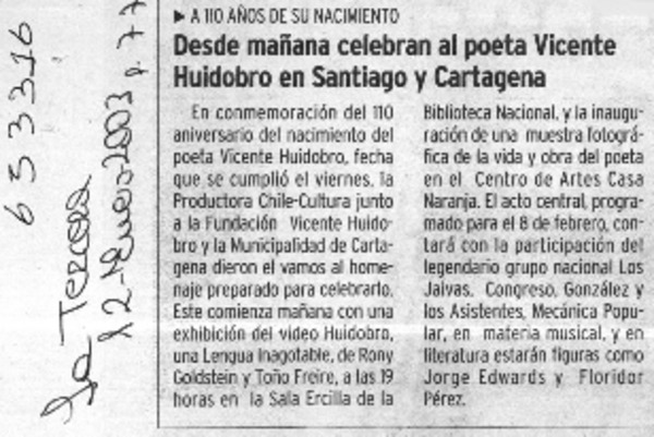 Desde mañana celebran al poeta Vicente Huidobro en Santiago y Cartagena  [artículo]