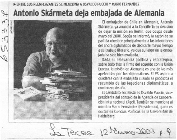 Antonio Skármeta deja embajada de Alemania  [artículo]