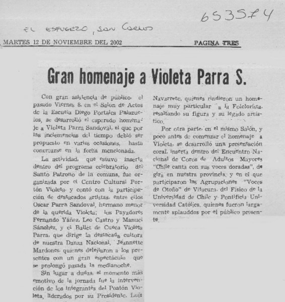 Gran homenaje a Violeta Parra S.  [artículo]