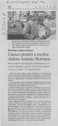 Unesco premió a escritor chileno Antonio Skármeta  [artículo]
