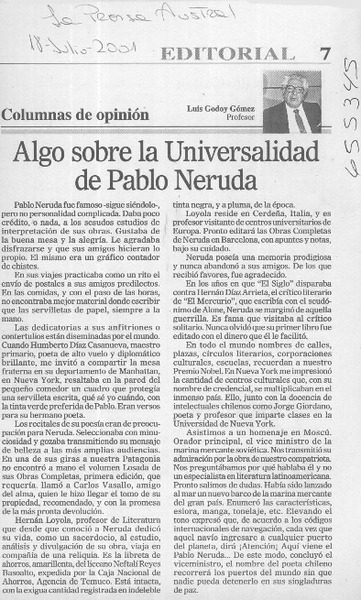 Algo sobre la Universalidad de Pablo Neruda  [artículo] Luis Godoy Gómez