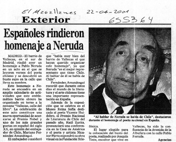 Españoles rindieron homenaje a Neruda  [artículo]