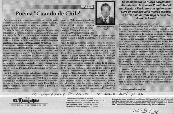 Poema "Cuando de Chile"  [artículo] Daniel Serrano Pino
