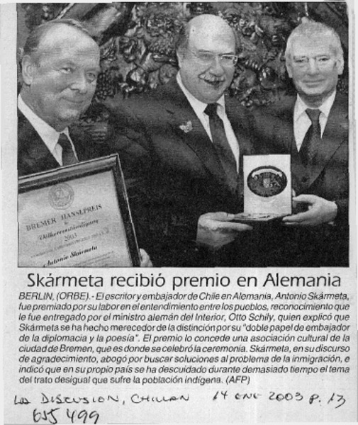 Skármeta recibió premio en Alemania.  [artículo]