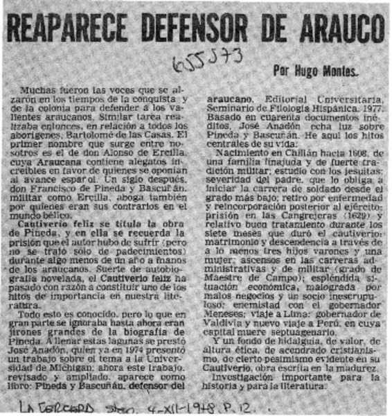 Reaparece defensor de Arauco  [artículo] Hugo Montes.