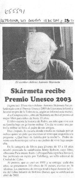 Skármeta recibe premio Unesco 2003.  [artículo]