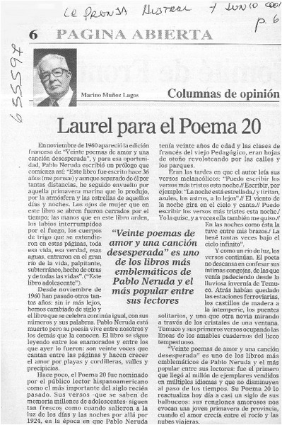 Laurel para el Poema 20.  [artículo] Marino Muñoz Lagos.