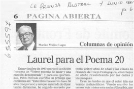 Laurel para el Poema 20.  [artículo] Marino Muñoz Lagos.