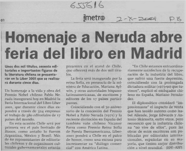 Homenaje a Neruda abre feria del libro en Madrid.  [artículo]