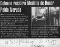 Coloane recibirá medalla de honor Pablo Neruda.  [artículo]