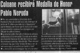 Coloane recibirá medalla de honor Pablo Neruda.  [artículo]