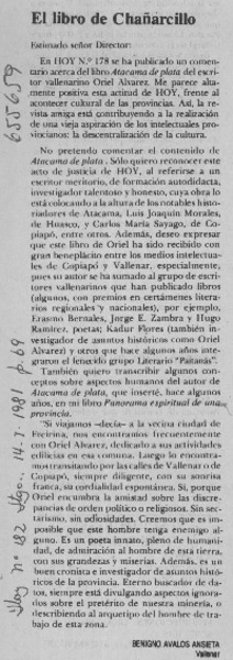 El libro de Chañarcillo : [comentario] [artículo] Benigno Avalos Ansieta.