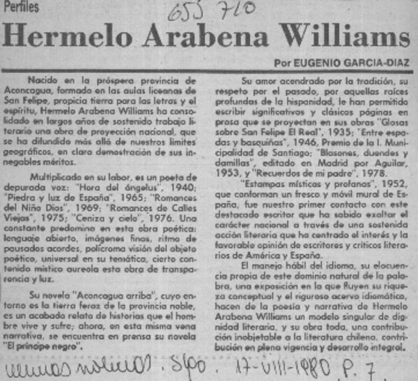 Hermelo Arabena Williams.  [artículo] Eugenio García-Díaz.