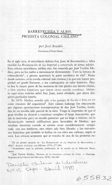 Barrenechea y Albis, prosista colonial chileno  [artículo] José Anadón.