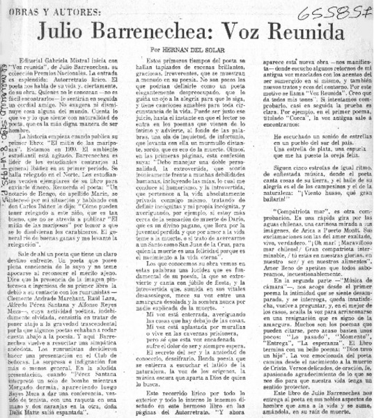 Julio Barrenechea, voz reunida.  [artículo] Hernán del Solar.