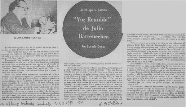 "Voz reunida" de Julio Barrenechea.  [artículo] Gonzalo Orrego.