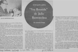 "Voz reunida" de Julio Barrenechea.  [artículo] Gonzalo Orrego.