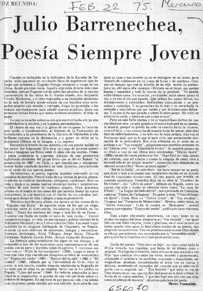 Julio Barrenechea, poesía siempre joven  [artículo] Héctor Fuenzalida.