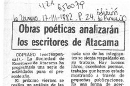 Obras poéticas analizarán los escritores de Atacama.  [artículo]