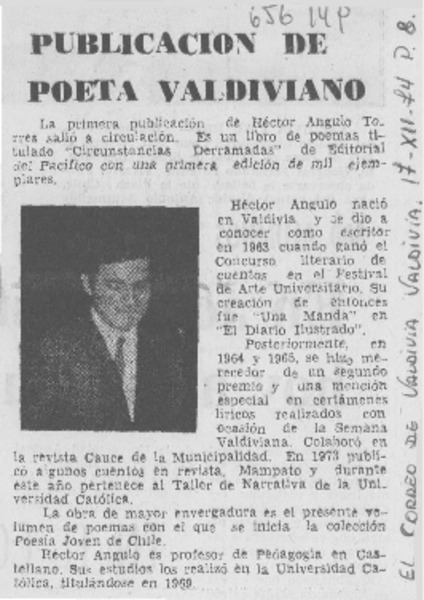 Publicación de poeta valdiviano.