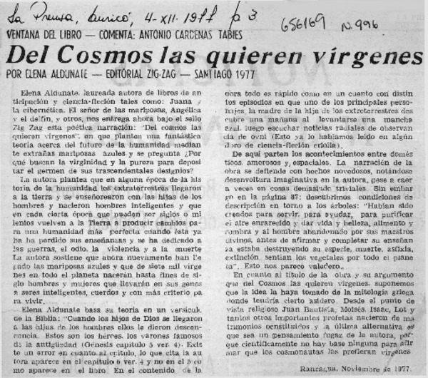 Del cosmos las quieren vírgenes  [artículo] Antonio Cárdenas Tabies.
