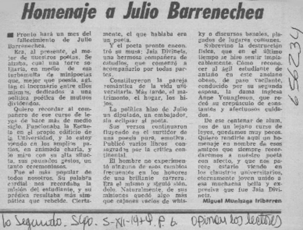 Homenaje a Julio Barrenechea.  [artículo] Miguel Munizaga Iribarren.