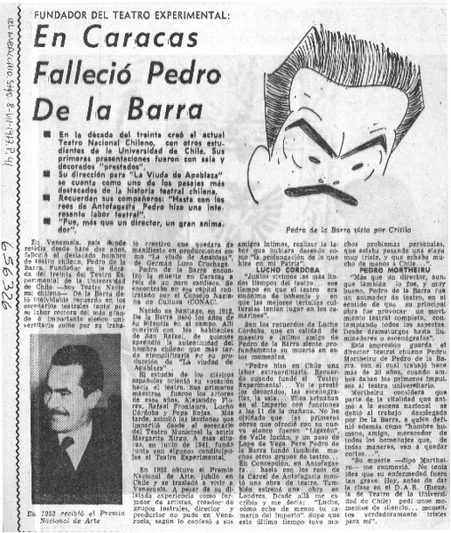 En Caracas falleció Pedro de la Barra.  [artículo]