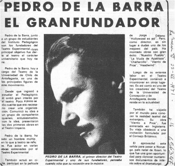 Pedro de la Barra el gran fundador.  [artículo]