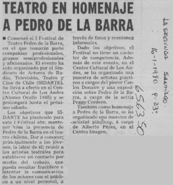 Teatro en homenaje a Pedro de la Barra.  [artículo]