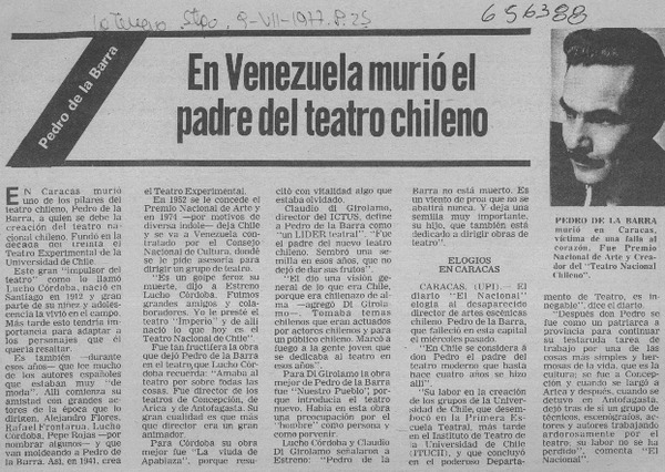 En Venezuela murió el padre del teatro chileno.  [artículo]