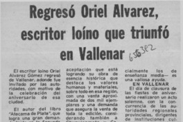 Regresó Oriel Alvarez, escritor loíno que triunfó en Vallernar.  [artículo]