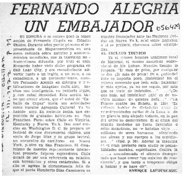 Fernando Alegría un embajador  [artículo] Enrique Lafourcade