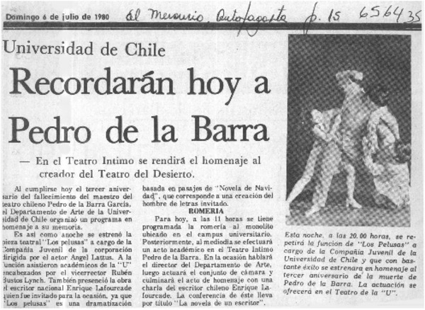 Recordarán hoy a Pedro de la Barra.  [artículo]
