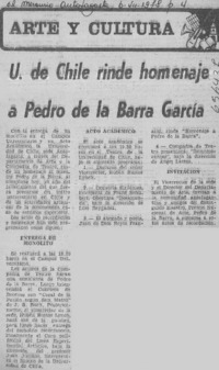 U. de Chile rinde homenaje a Pedro de la Barra García.  [artículo]